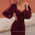 Spring Autumn Sex Appeal V Gets Long Sleeve to Accept Waist Dress Temperament Gown in Long Bubble Sleeve Skirt